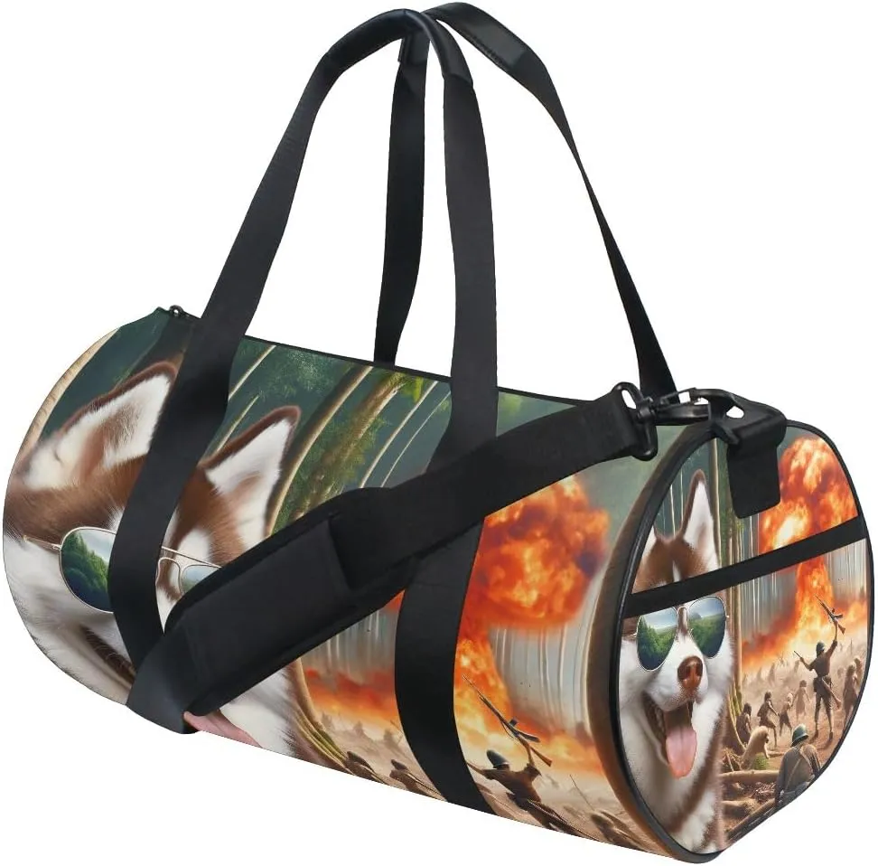 Sports Gym Travel Duffle Bag A Cool Husky Wearing Sunglasses Is Exploring The Primitive Forest Luggage for Men and Women