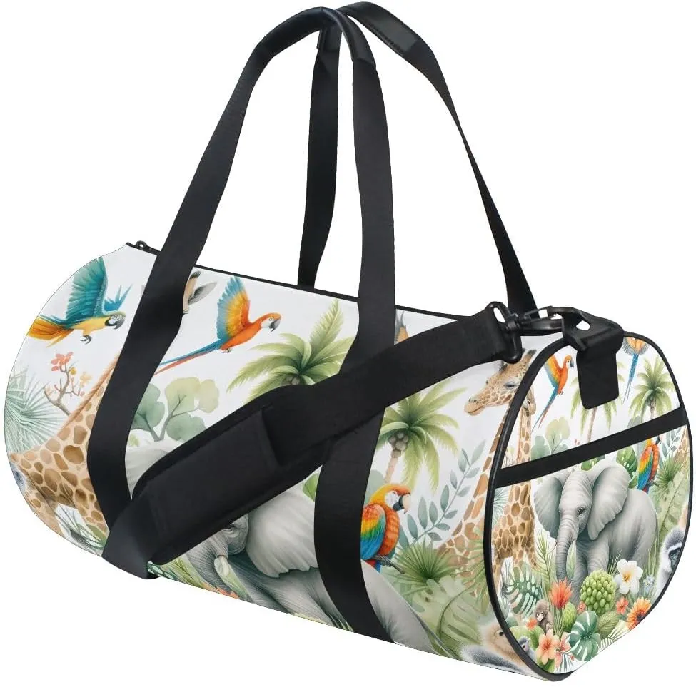Sports Gym Travel Duffle Bag Watercolor Composition with African Animals and Natural Elements Luggage for Men and Women