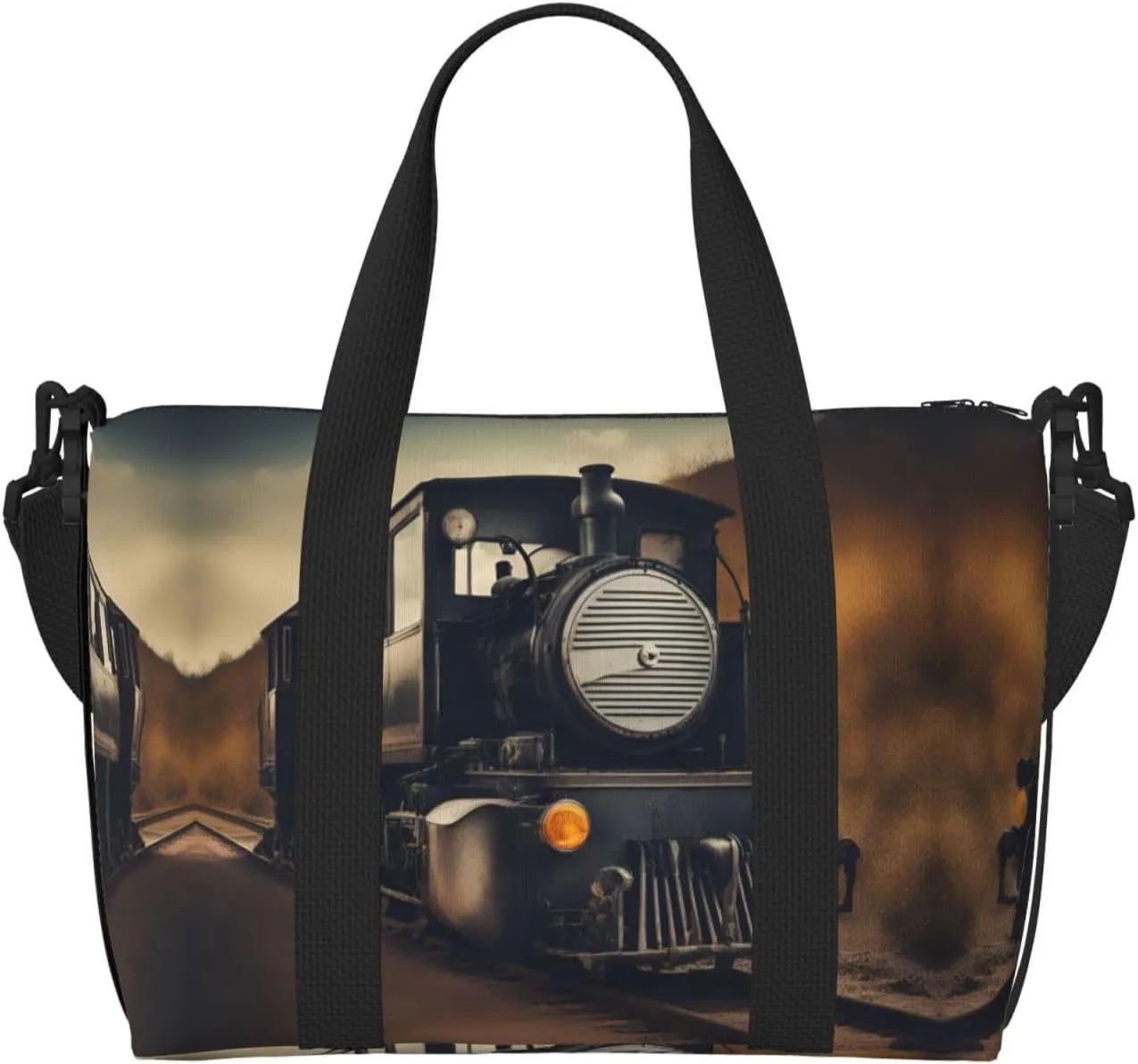 SSIMOO Locomotive Print Portable Travel Duffel Bag,Ideal For Business And Private Travel, Black