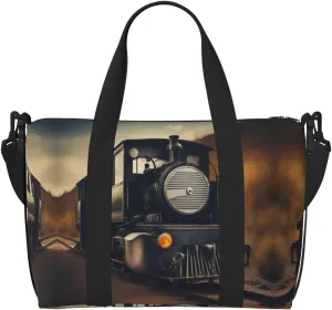 SSIMOO Locomotive Print Portable Travel Duffel Bag,Ideal For Business And Private Travel, Black