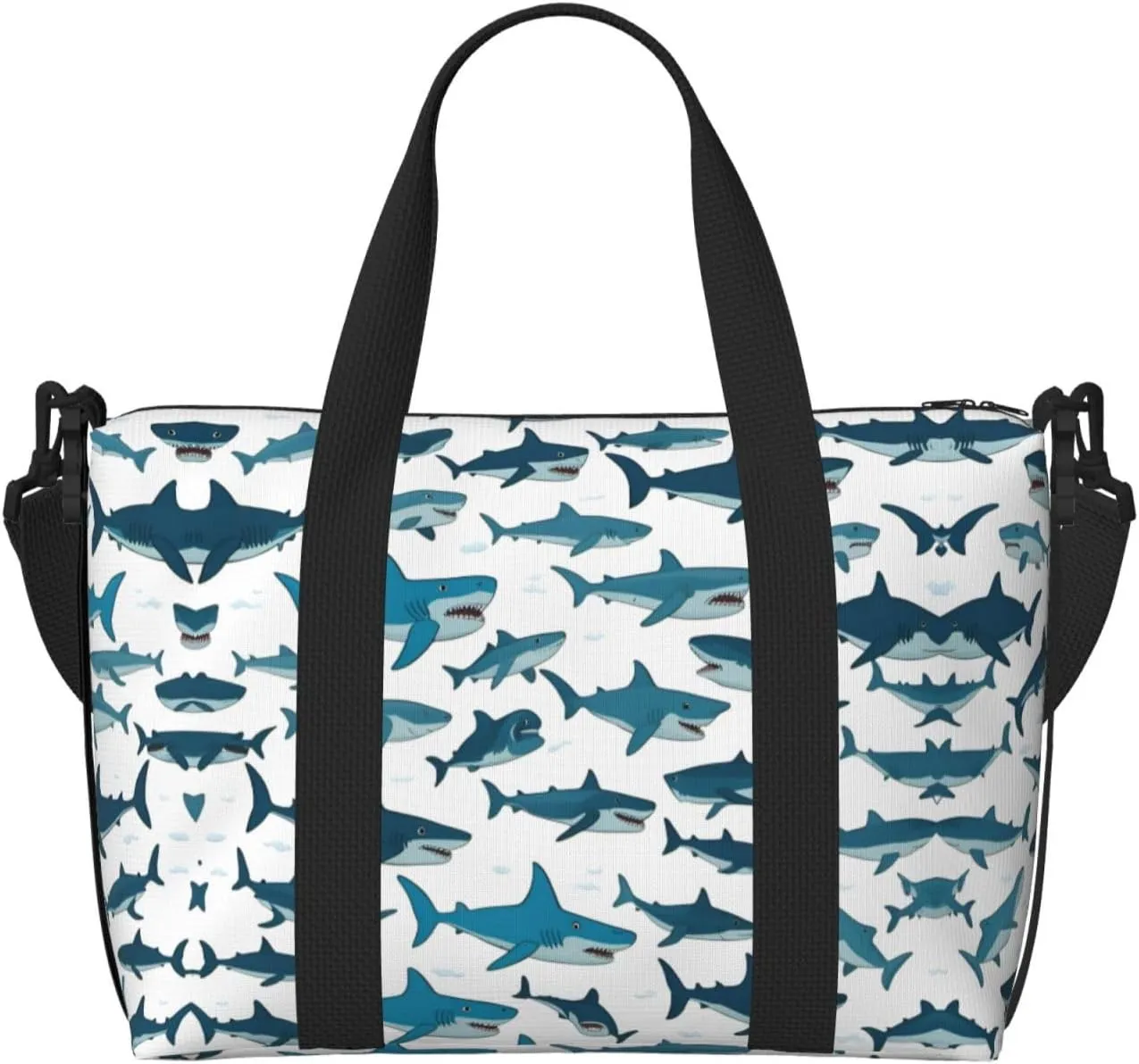 SSIMOO Shark Pattern With Various Gestures Print Portable Travel Duffel Bag,Ideal For Business And Private Travel, Black