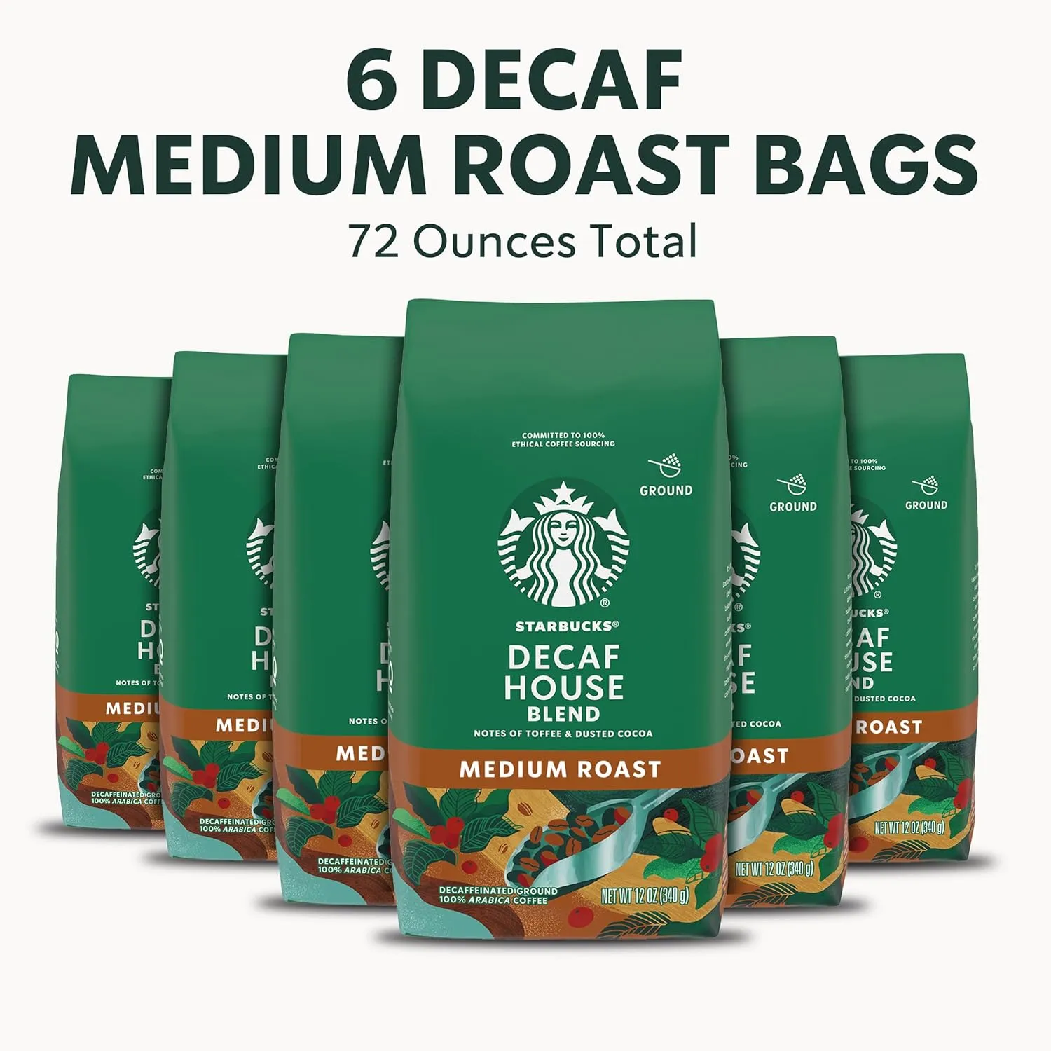 Starbucks Ground Coffee, Medium Roast Coffee, Decaf House Blend, 100% Arabica, 6 bags (12 oz each)