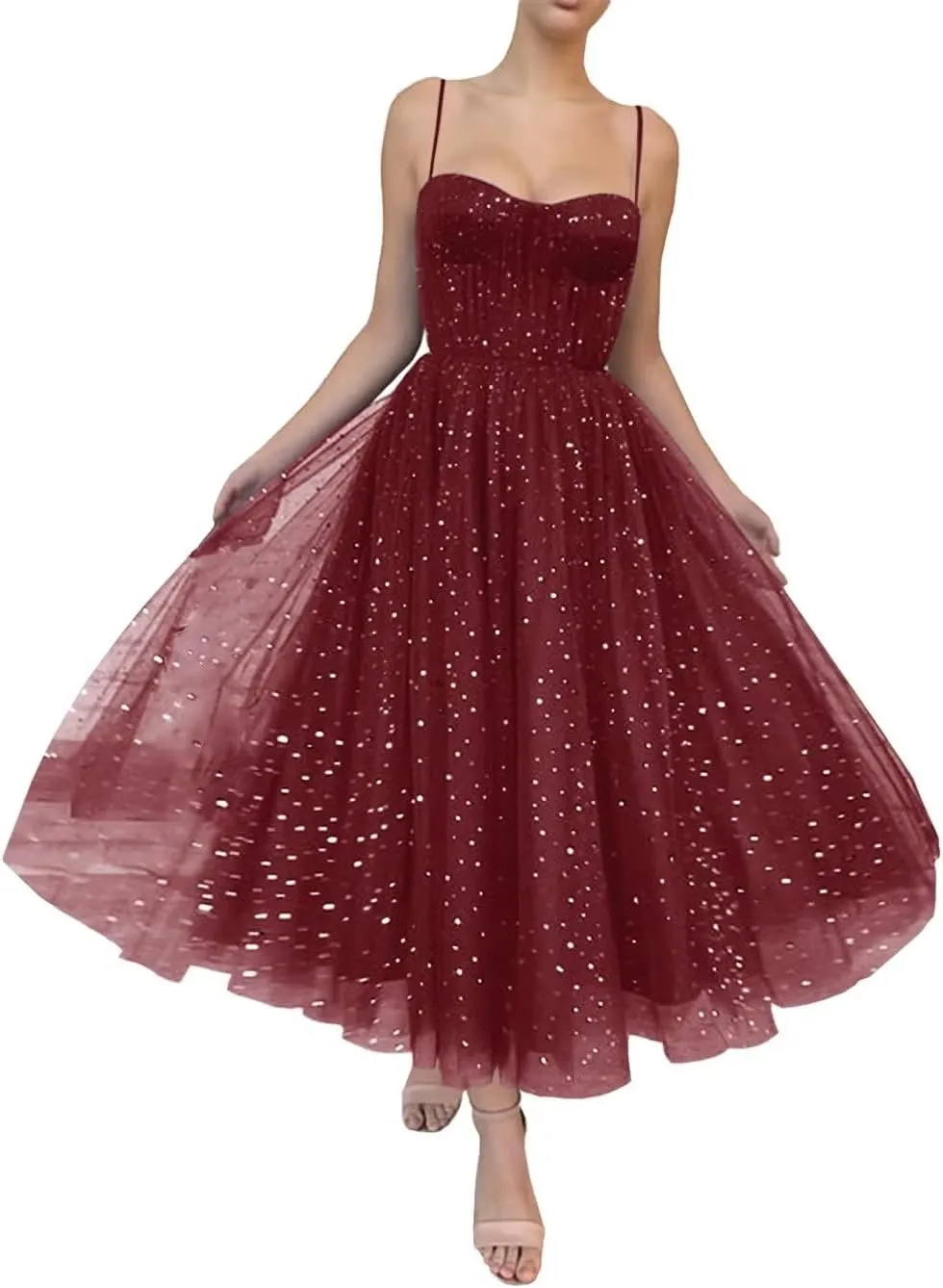 Starry Tulle Prom Dresses Tea Length Spaghetti Straps A Line Pleated Formal Evening Gowns for Women