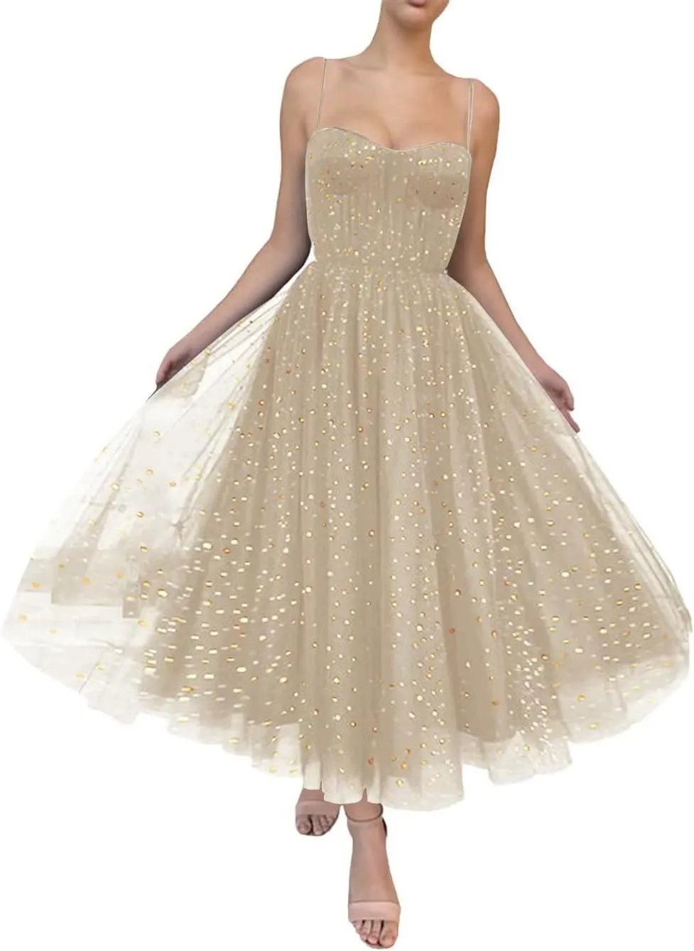 Starry Tulle Prom Dresses Tea Length Spaghetti Straps A Line Pleated Formal Evening Gowns for Women