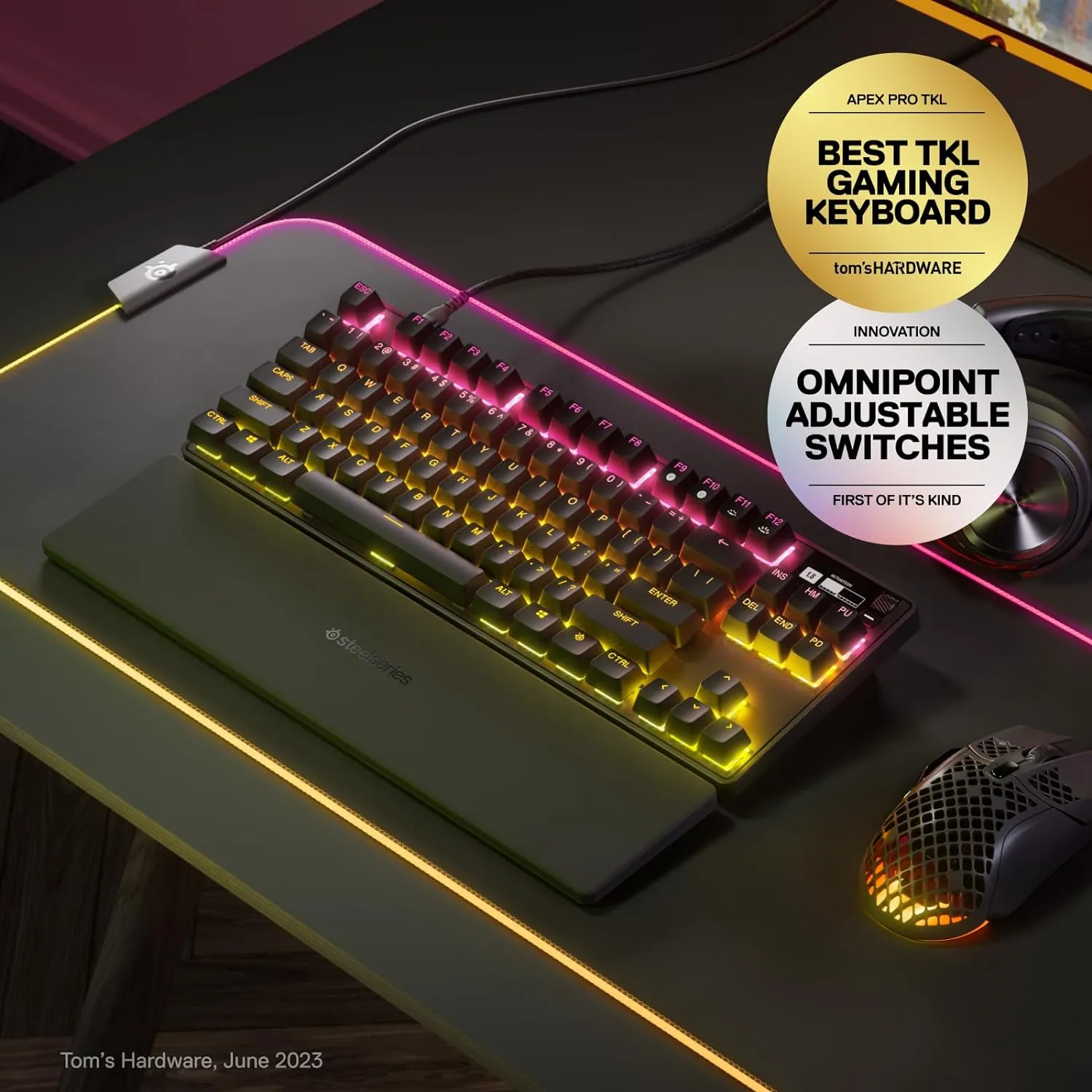 SteelSeries Apex Pro TKL HyperMagnetic Gaming Keyboard - Adjustable Actuation - Esports Tenkeyless - OLED Screen - RGB - PBT Keycaps - USB-C