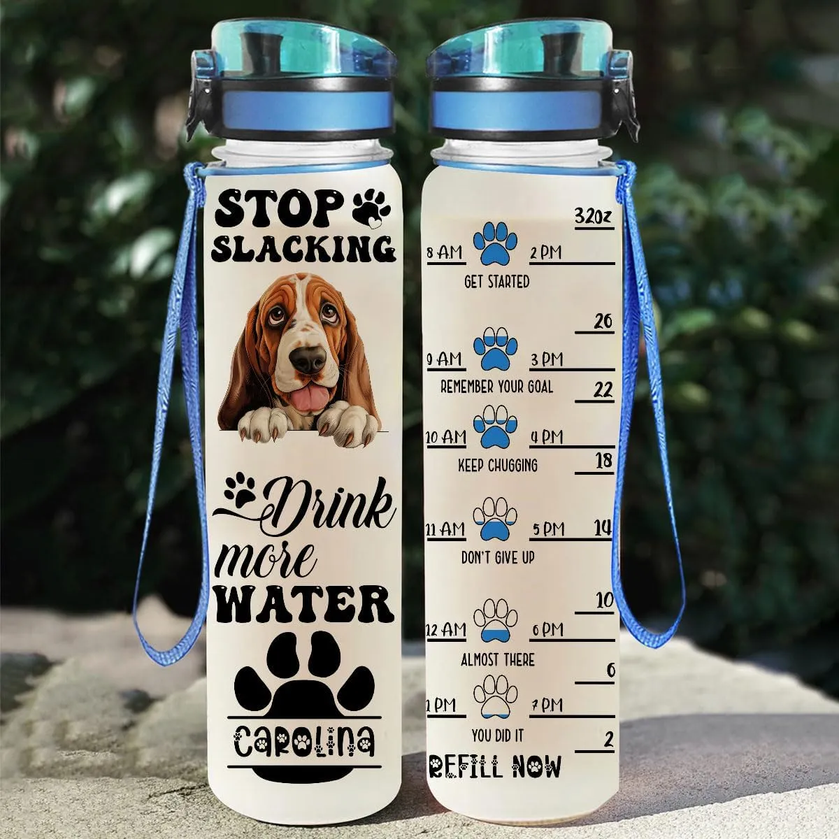 Stop Slacking Start Drinking Basset Hound Dog Lovers Motivational Tracker Working Out Custom Name Tracking Water Bottle Gifts 32oz Fitness Gym Outdoor Gift Idea