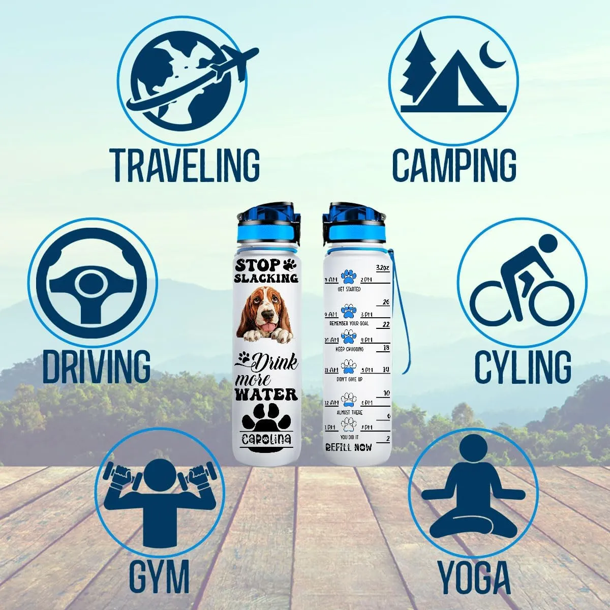 Stop Slacking Start Drinking Basset Hound Dog Lovers Motivational Tracker Working Out Custom Name Tracking Water Bottle Gifts 32oz Fitness Gym Outdoor Gift Idea