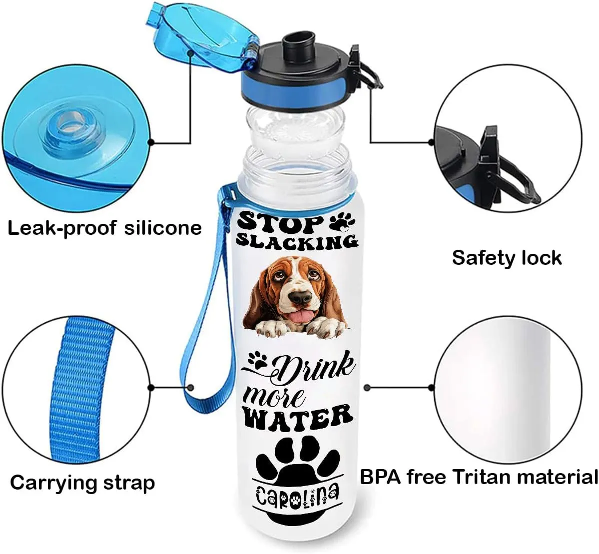 Stop Slacking Start Drinking Basset Hound Dog Lovers Motivational Tracker Working Out Custom Name Tracking Water Bottle Gifts 32oz Fitness Gym Outdoor Gift Idea