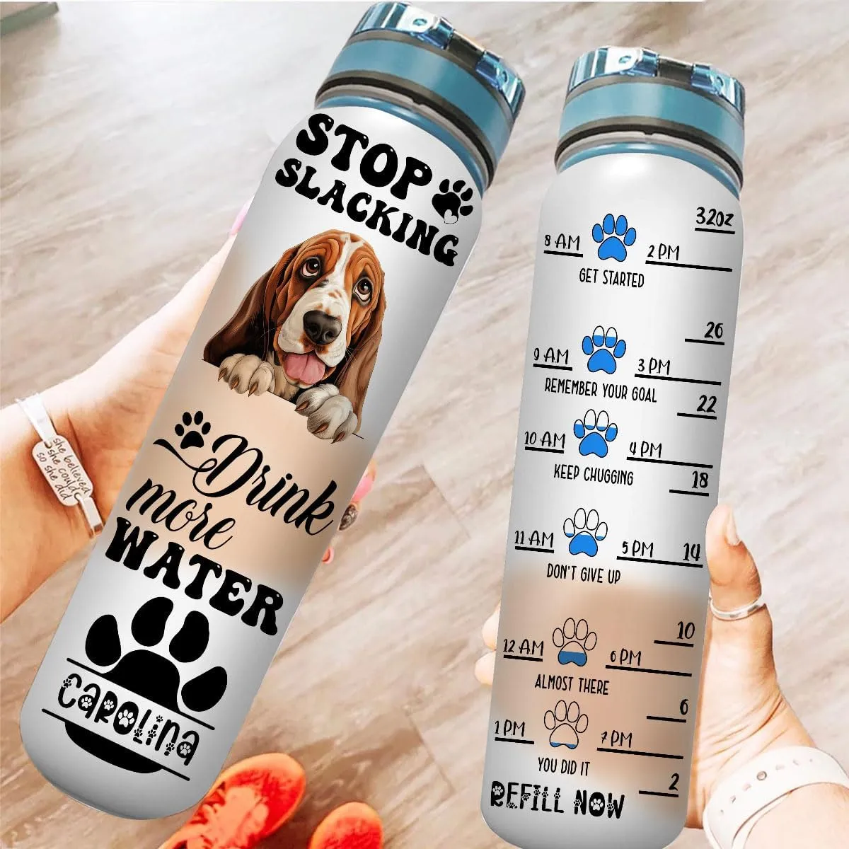 Stop Slacking Start Drinking Basset Hound Dog Lovers Motivational Tracker Working Out Custom Name Tracking Water Bottle Gifts 32oz Fitness Gym Outdoor Gift Idea