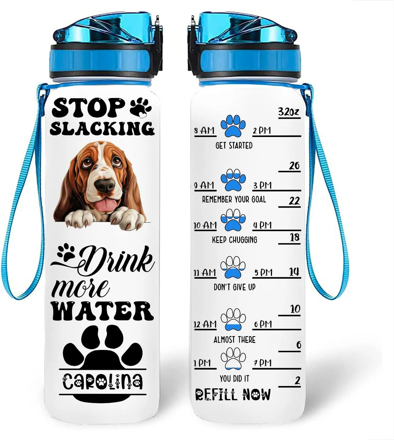 Stop Slacking Start Drinking Basset Hound Dog Lovers Motivational Tracker Working Out Custom Name Tracking Water Bottle Gifts 32oz Fitness Gym Outdoor Gift Idea