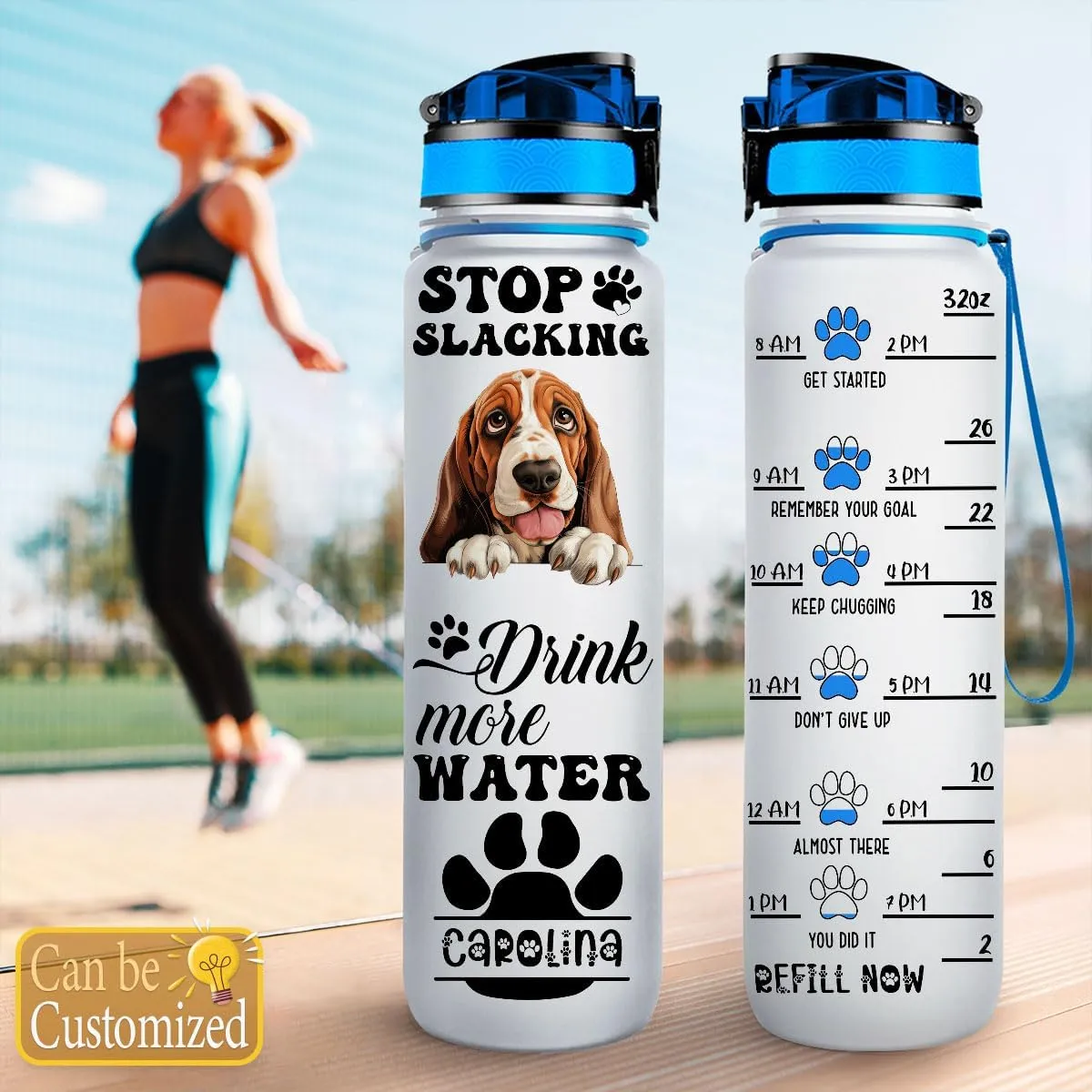 Stop Slacking Start Drinking Basset Hound Dog Lovers Motivational Tracker Working Out Custom Name Tracking Water Bottle Gifts 32oz Fitness Gym Outdoor Gift Idea