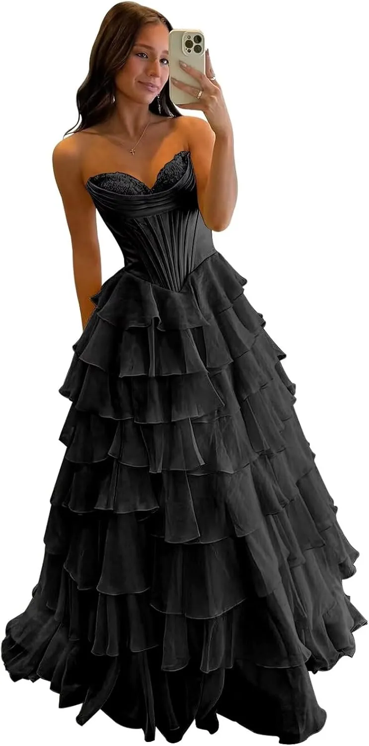 Strapless Corset Prom Dresses for Women 2025 Long Tiered Ruffle Chiffon Formal Evening Gowns with Slit