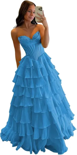 Strapless Corset Prom Dresses for Women 2025 Long Tiered Ruffle Chiffon Formal Evening Gowns with Slit