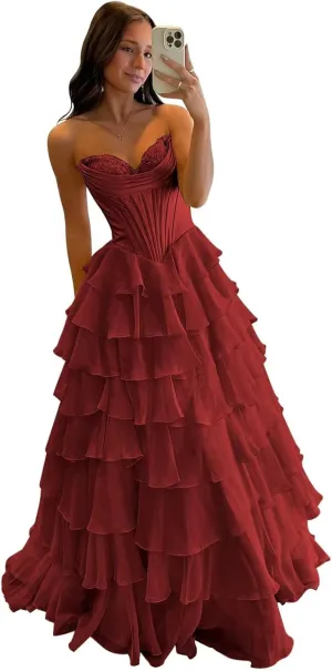 Strapless Corset Prom Dresses for Women 2025 Long Tiered Ruffle Chiffon Formal Evening Gowns with Slit