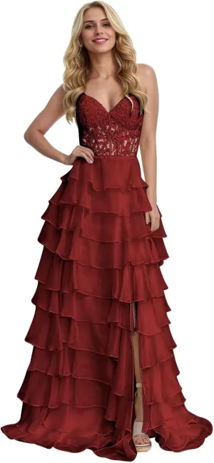 Strapless Corset Prom Dresses for Women Long Tiered Ruffle Formal Evening Gowns with Slit