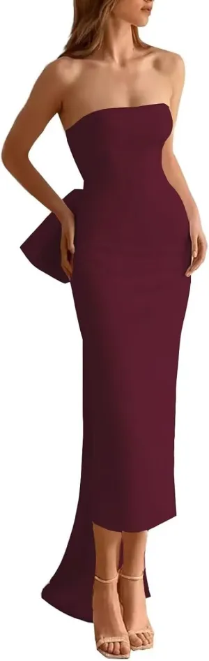 Strapless Mermaid Prom Dress with Detachable Bow Train Satin Cocktail Dresses Slit Formal Evening Gown for Women