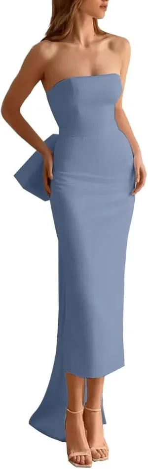 Strapless Mermaid Prom Dress with Detachable Bow Train Satin Cocktail Dresses Slit Formal Evening Gown for Women