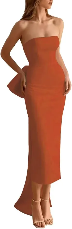 Strapless Mermaid Prom Dress with Detachable Bow Train Satin Cocktail Dresses Slit Formal Evening Gown for Women