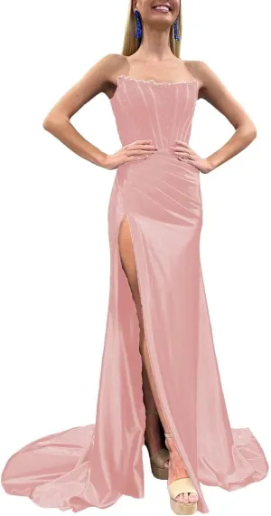 Strapless Prom Dresses 2025 Long Lace Applique Satin Mermaid Corset Side Slit Formal Evening Party Gowns for Women
