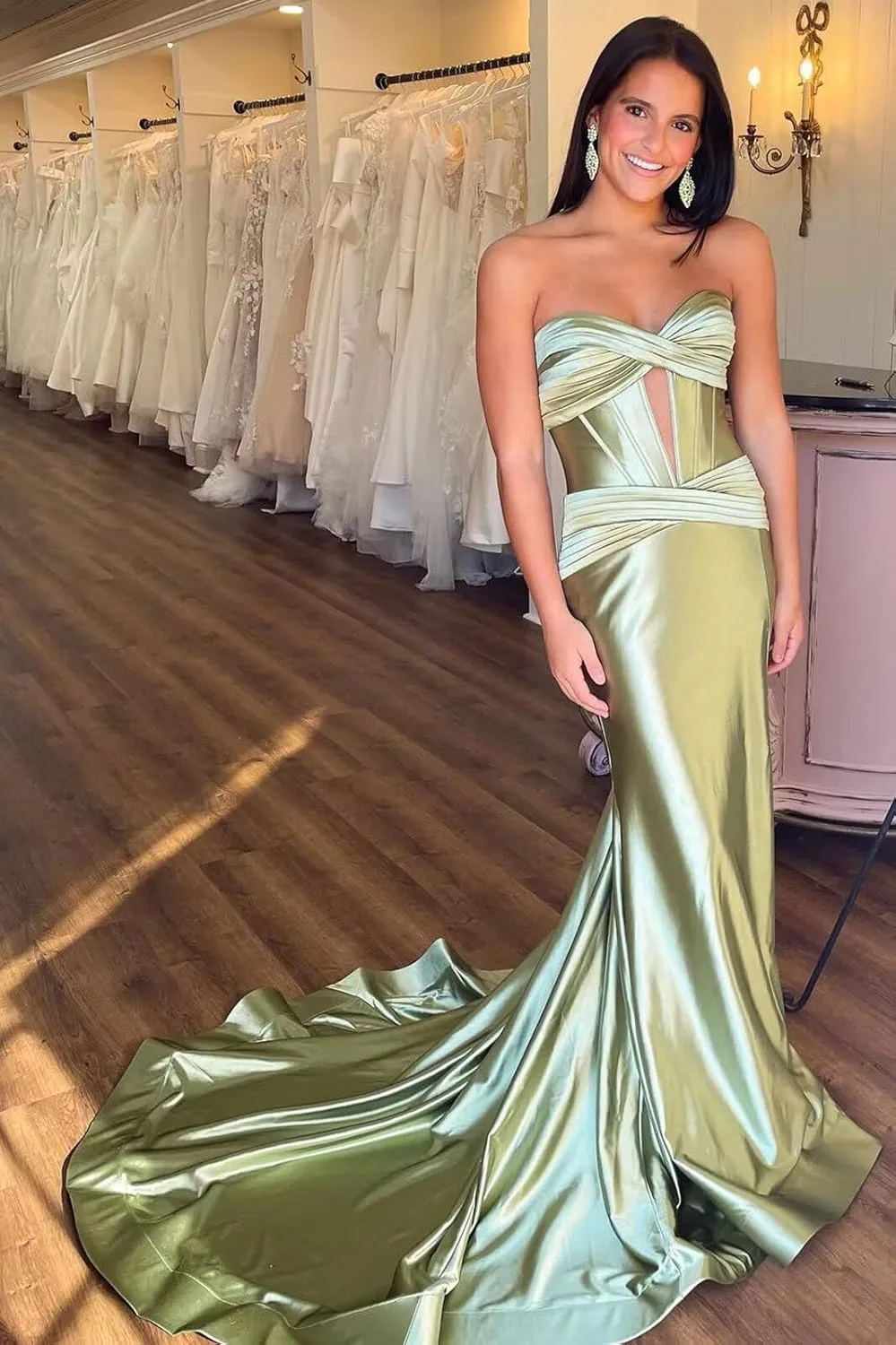 Strapless Satin Prom Dresses for Women Long Cutout Mermaid Formal Evening Gown with Slit