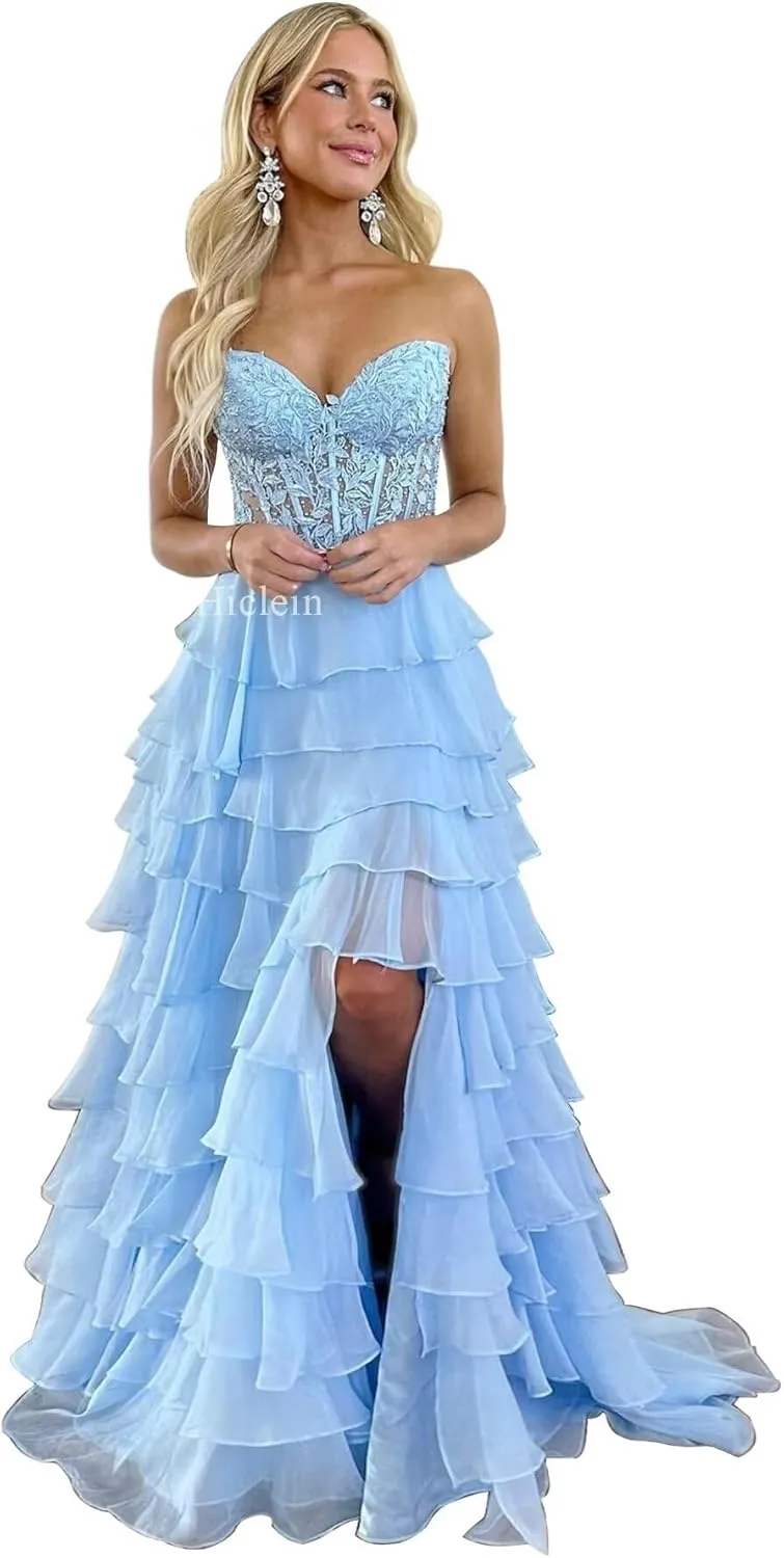 Strapless Tiered Lace Prom Dresses for Women 2024 Long Sweetheart Chiffon Corset Formal Evening Dress with Slit