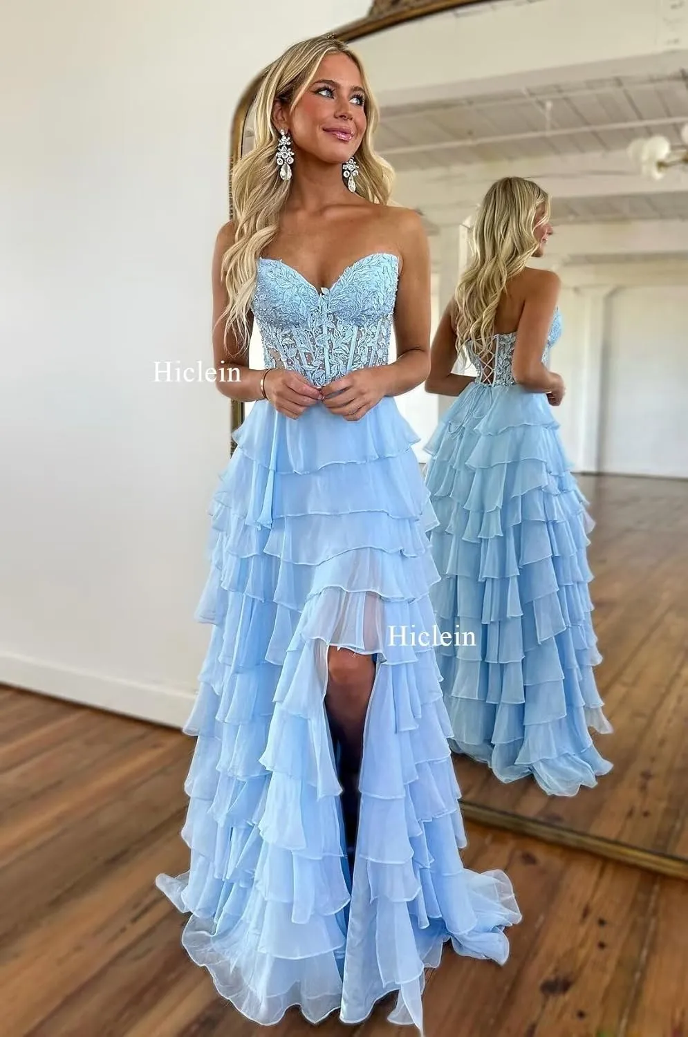 Strapless Tiered Lace Prom Dresses for Women 2024 Long Sweetheart Chiffon Corset Formal Evening Dress with Slit