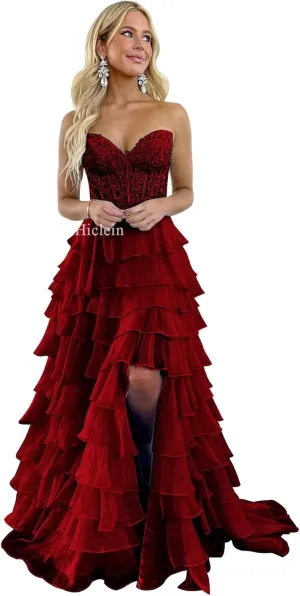 Strapless Tiered Lace Prom Dresses for Women 2024 Long Sweetheart Chiffon Corset Formal Evening Dress with Slit