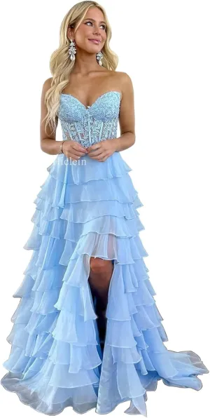 Strapless Tiered Lace Prom Dresses for Women 2024 Long Sweetheart Chiffon Corset Formal Evening Dress with Slit