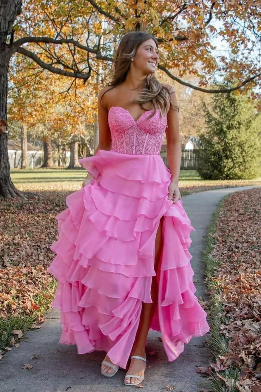 Strapless Tiered Lace Prom Dresses for Women 2024 Long Sweetheart Chiffon Corset Formal Evening Dress with Slit