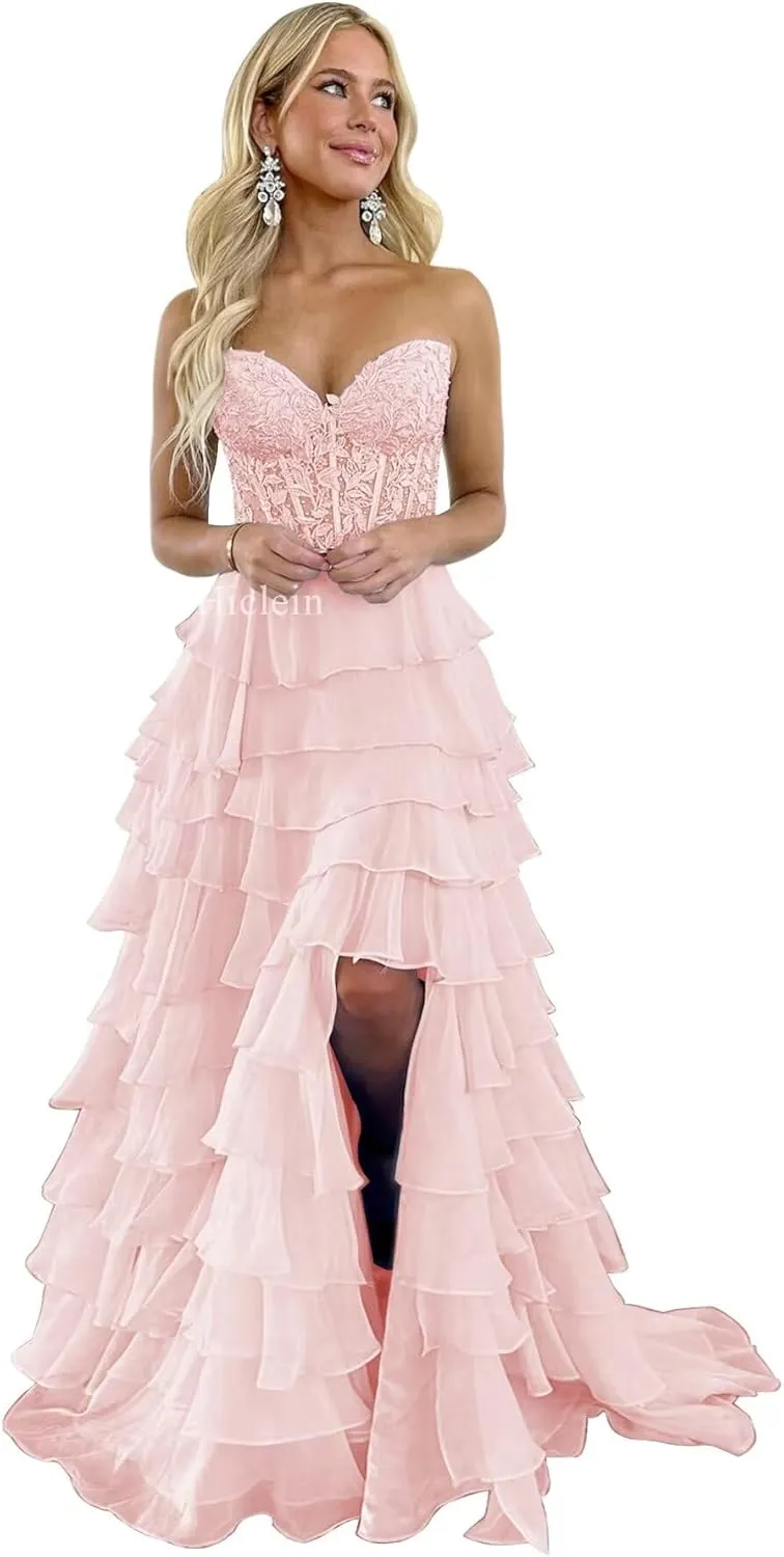Strapless Tiered Lace Prom Dresses for Women 2024 Long Sweetheart Chiffon Corset Formal Evening Dress with Slit