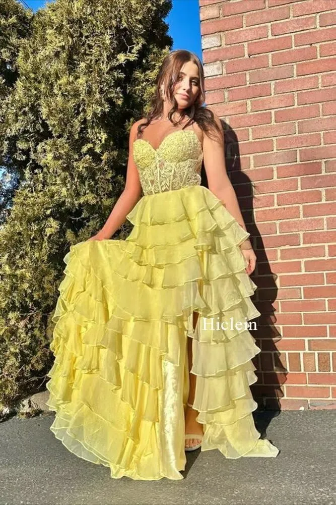 Strapless Tiered Lace Prom Dresses for Women 2024 Long Sweetheart Chiffon Corset Formal Evening Dress with Slit