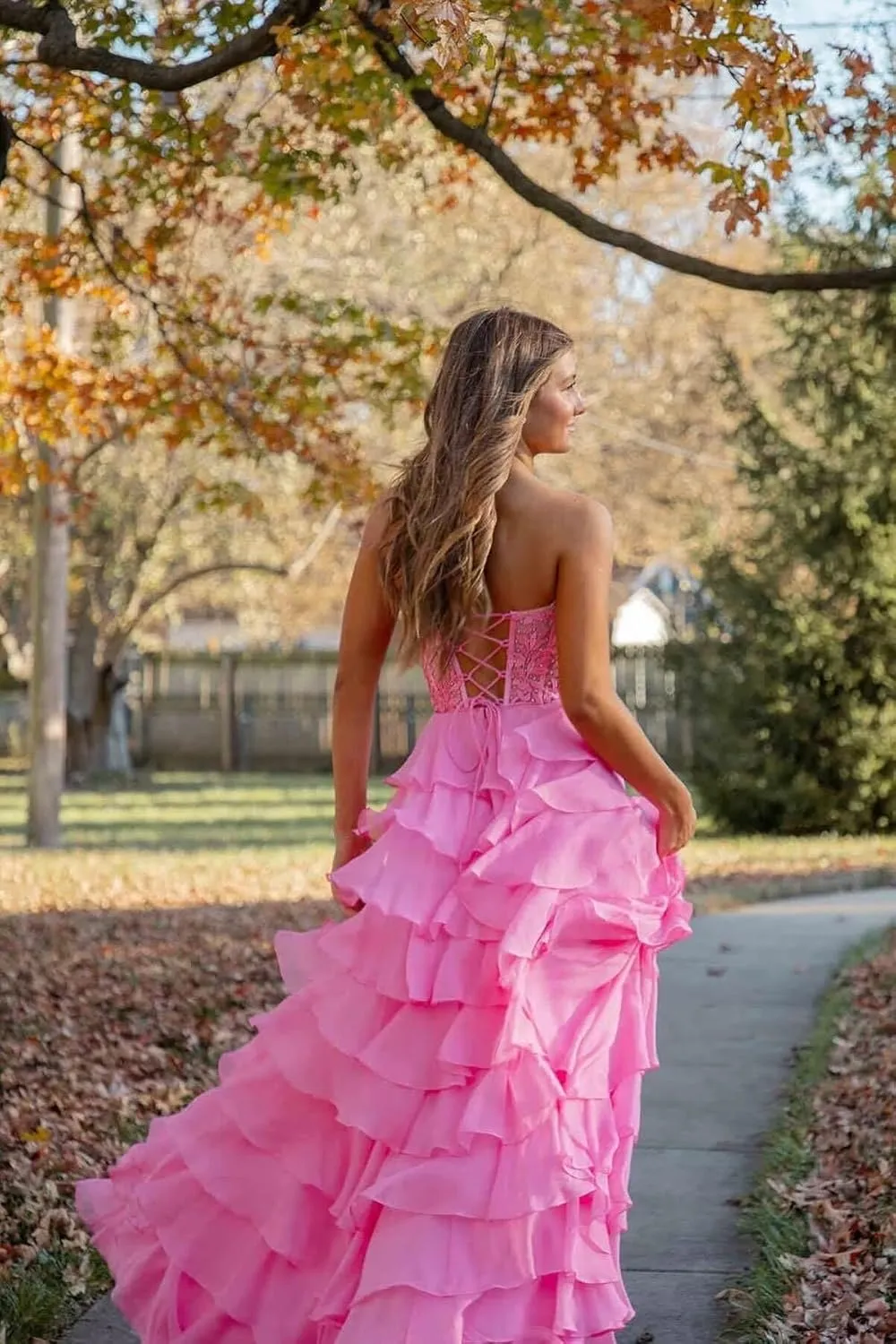 Strapless Tiered Lace Prom Dresses for Women 2024 Long Sweetheart Chiffon Corset Formal Evening Dress with Slit