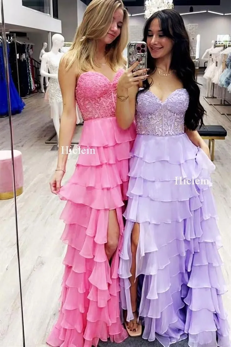 Strapless Tiered Lace Prom Dresses for Women 2024 Long Sweetheart Chiffon Corset Formal Evening Dress with Slit