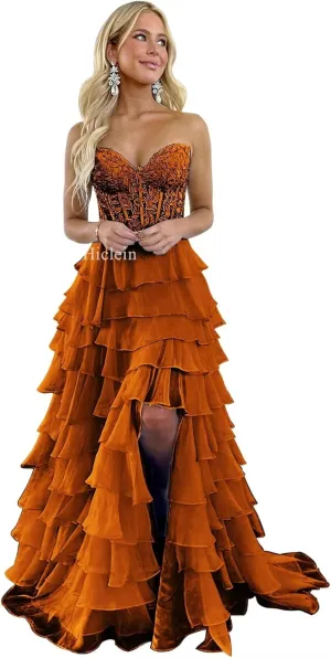Strapless Tiered Lace Prom Dresses for Women 2024 Long Sweetheart Chiffon Corset Formal Evening Dress with Slit
