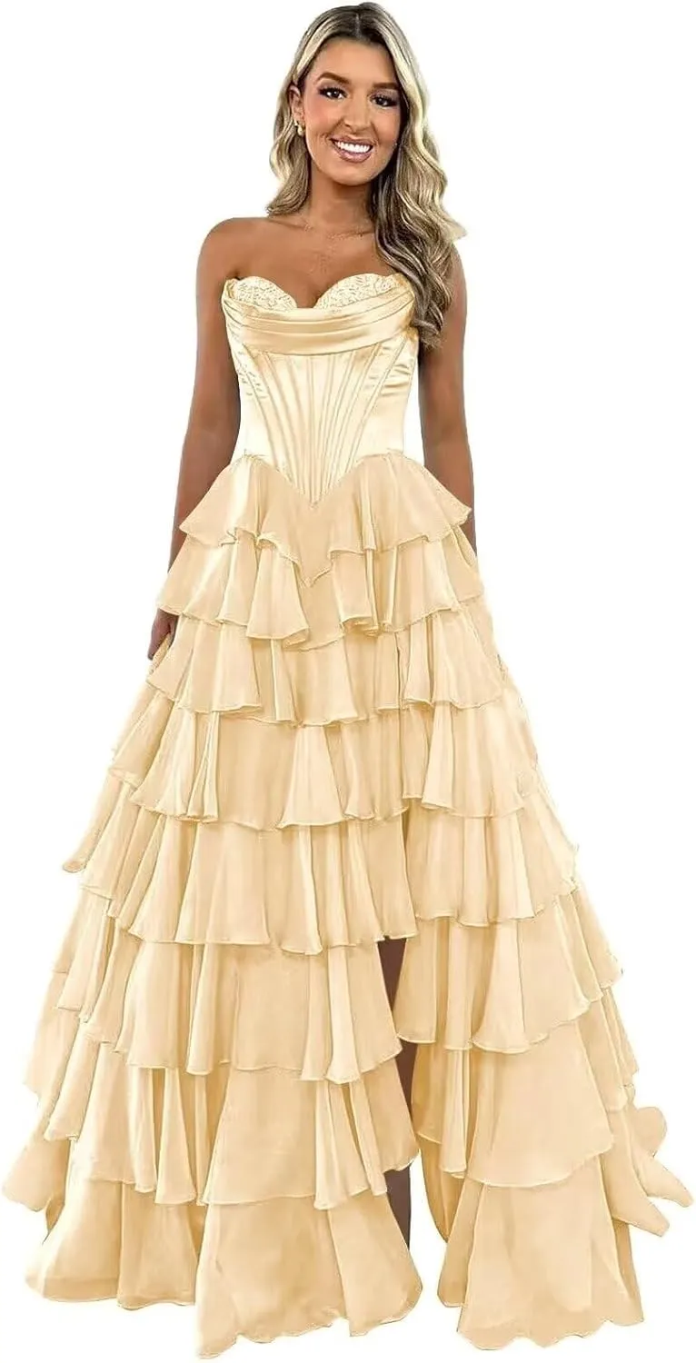 Strapless Tiered Prom Dress Long Ball Gown Satin Ruffle Chiffon Sweeetheart Corset Formal Evening Gowns with Slit