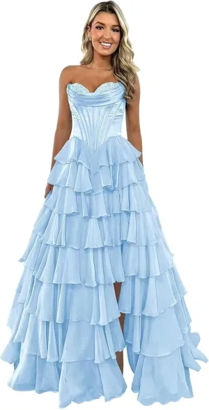 Strapless Tiered Prom Dress Long Ball Gown Satin Ruffle Chiffon Sweeetheart Corset Formal Evening Gowns with Slit