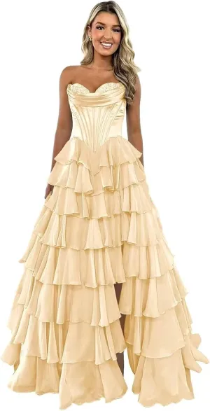 Strapless Tiered Prom Dress Long Ball Gown Satin Ruffle Chiffon Sweeetheart Corset Formal Evening Gowns with Slit