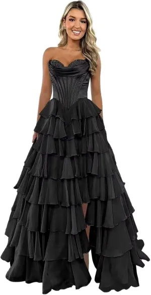 Strapless Tiered Prom Dress Long Ball Gown Satin Ruffle Chiffon Sweeetheart Corset Formal Evening Gowns with Slit
