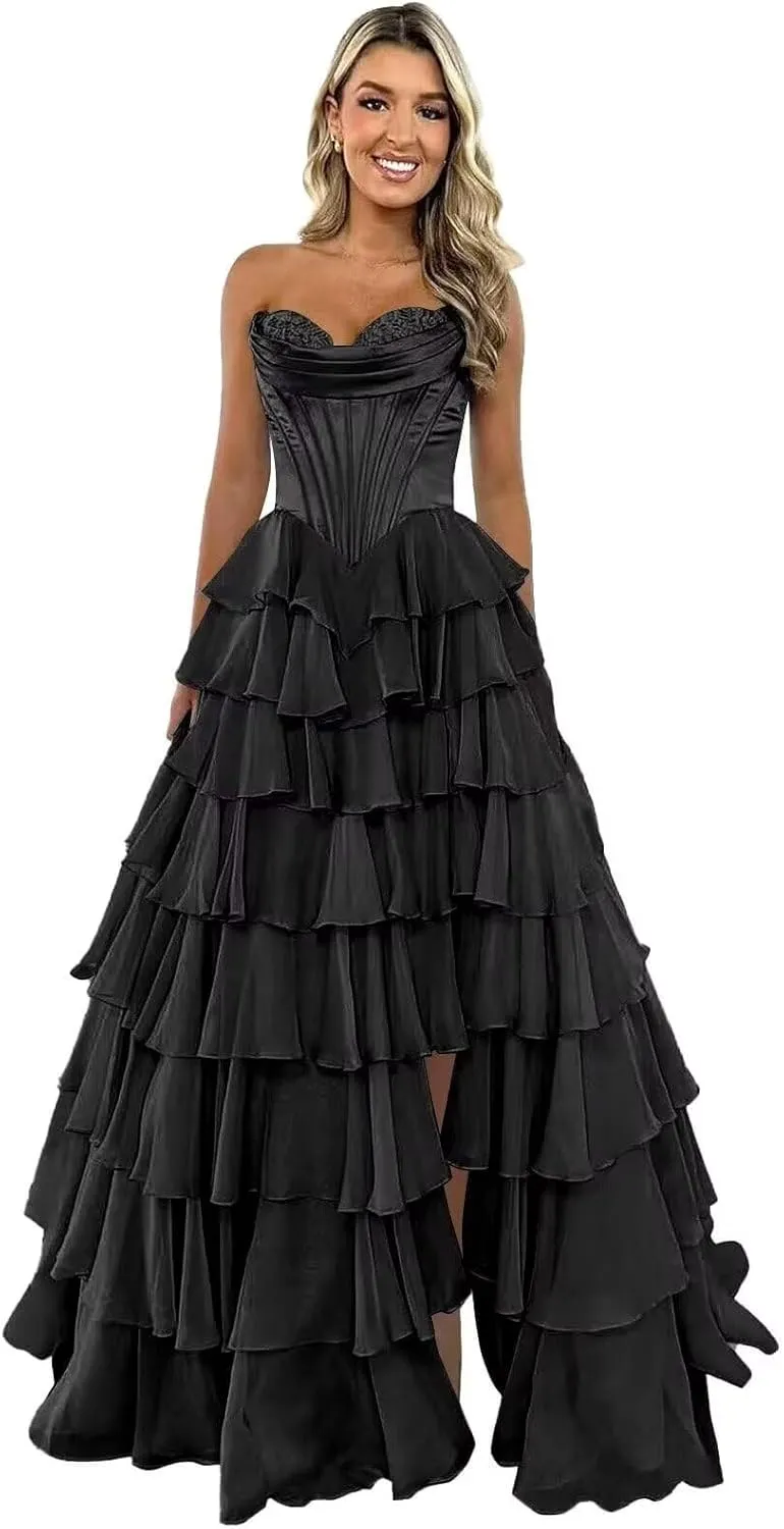 Strapless Tiered Prom Dress Long Ball Gown Satin Ruffle Chiffon Sweeetheart Corset Formal Evening Gowns with Slit