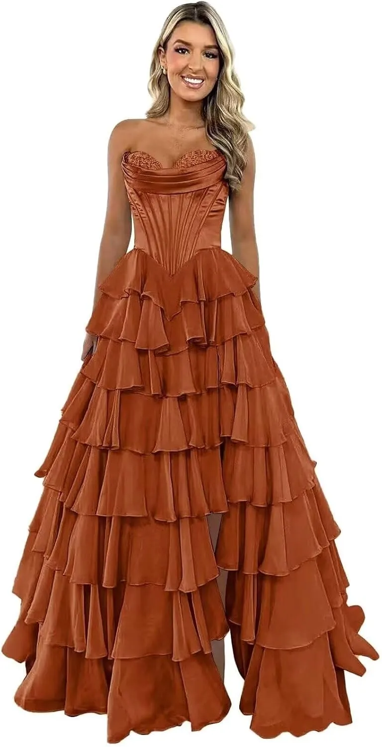 Strapless Tiered Prom Dress Long Ball Gown Satin Ruffle Chiffon Sweeetheart Corset Formal Evening Gowns with Slit