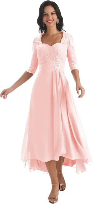 Sukleet Women's Tea Length Mother of The Bride Dresses for Wedding Short Sleeves Lace Applique Formal Evening Prom Gowns