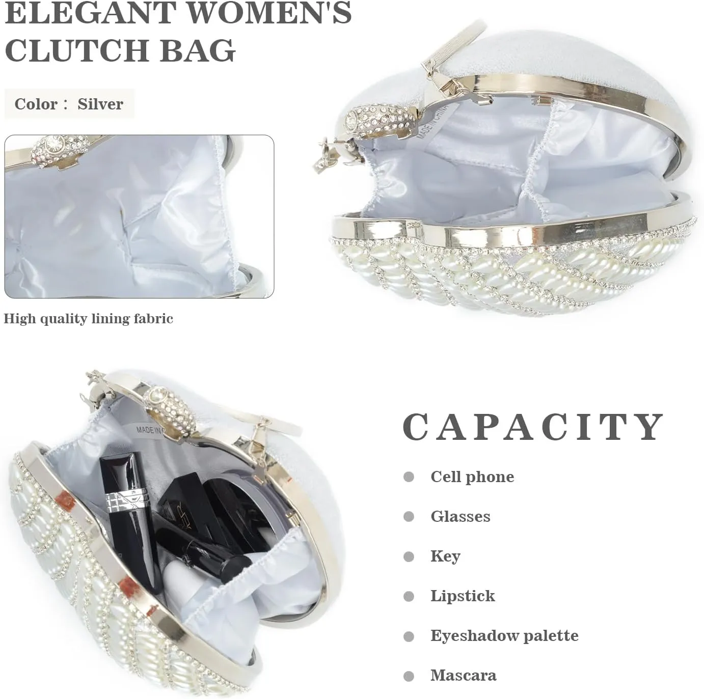 SUKUTU Cute Heart Shape Clutch Bag Women Elegant Pearl Rhinstone Evening Purse Wedding Party Bridal Prom Handbag