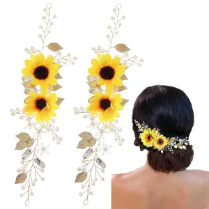 Sun Flower Headband, 2pcs Crystal Decor Hair Accessories for Women, Wedding Hair Pieces, Zinc Alloy, Silk Cloth, Zircon