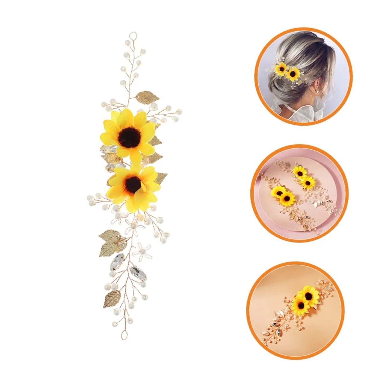 Sun Flower Headband, 2pcs Crystal Decor Hair Accessories for Women, Wedding Hair Pieces, Zinc Alloy, Silk Cloth, Zircon