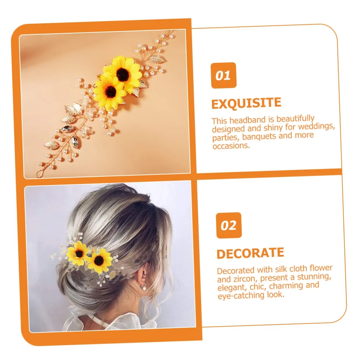 Sun Flower Headband, 2pcs Crystal Decor Hair Accessories for Women, Wedding Hair Pieces, Zinc Alloy, Silk Cloth, Zircon