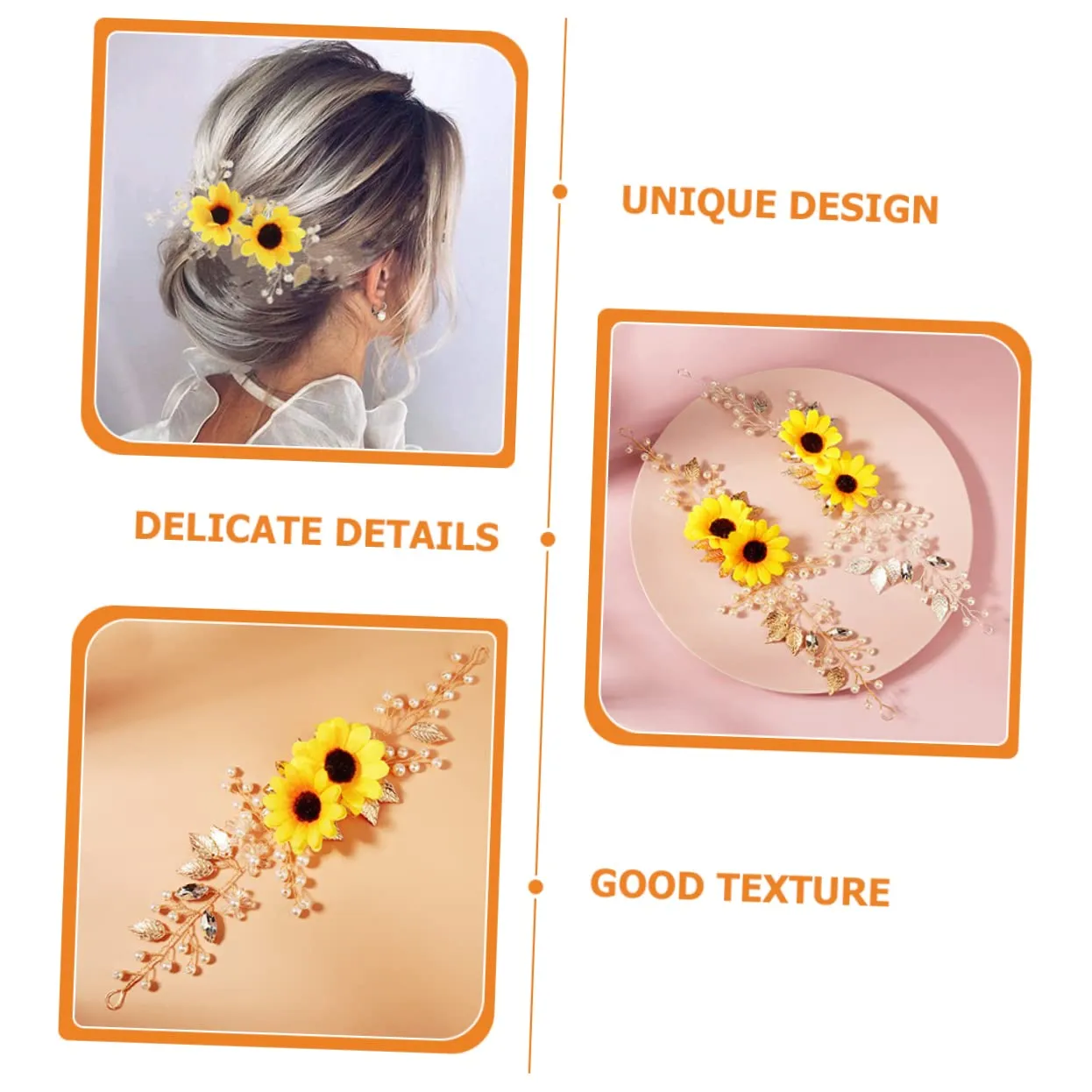 Sun Flower Headband, 2pcs Crystal Decor Hair Accessories for Women, Wedding Hair Pieces, Zinc Alloy, Silk Cloth, Zircon