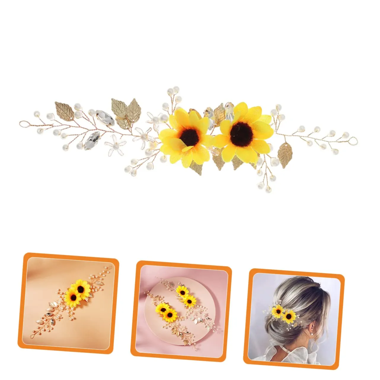 Sun Flower Headband, 2pcs Crystal Decor Hair Accessories for Women, Wedding Hair Pieces, Zinc Alloy, Silk Cloth, Zircon