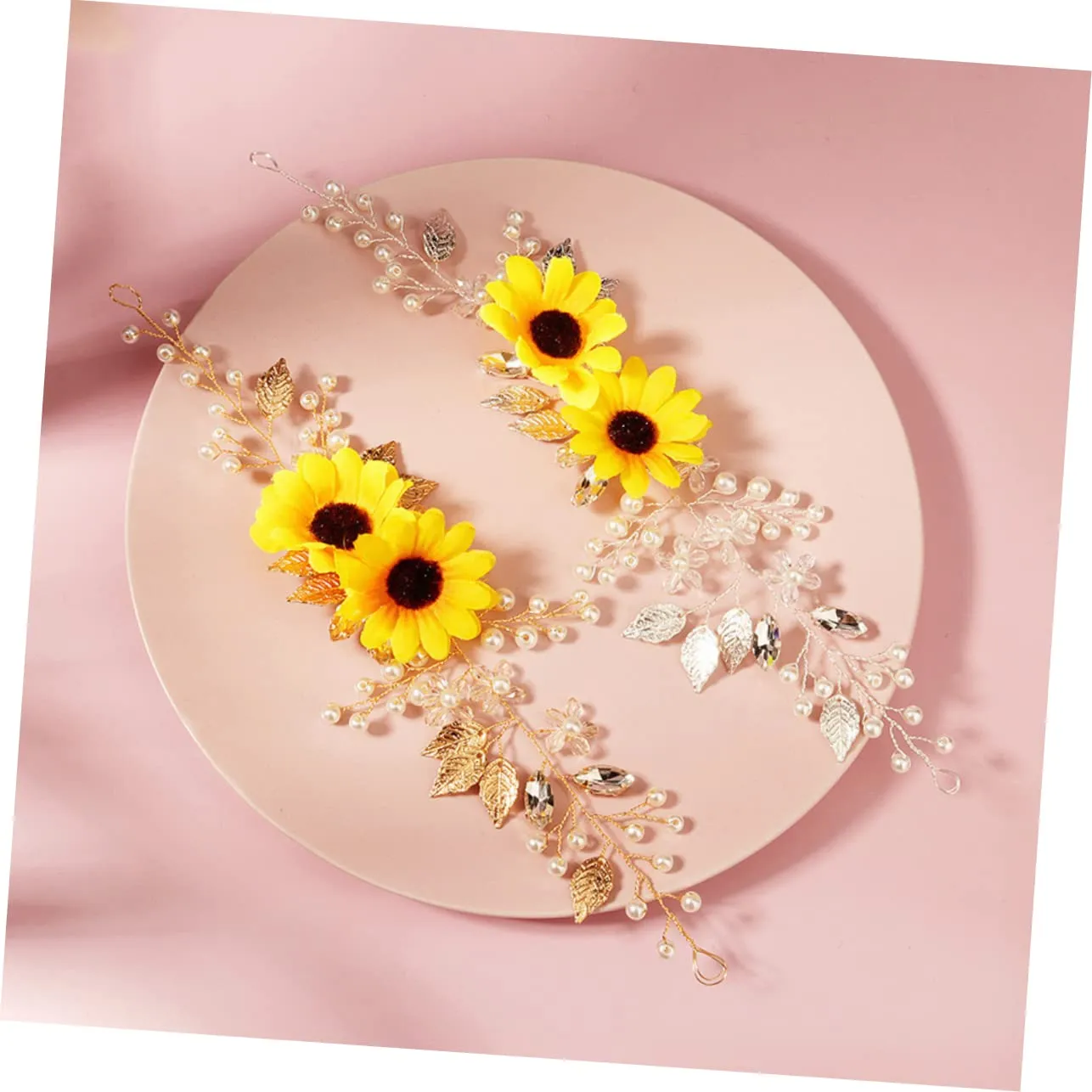 Sun Flower Headband, 2pcs Crystal Decor Hair Accessories for Women, Wedding Hair Pieces, Zinc Alloy, Silk Cloth, Zircon