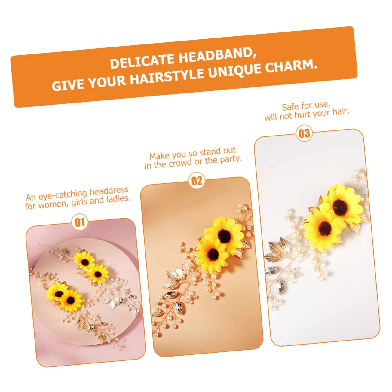 Sun Flower Headband, 2pcs Crystal Decor Hair Accessories for Women, Wedding Hair Pieces, Zinc Alloy, Silk Cloth, Zircon