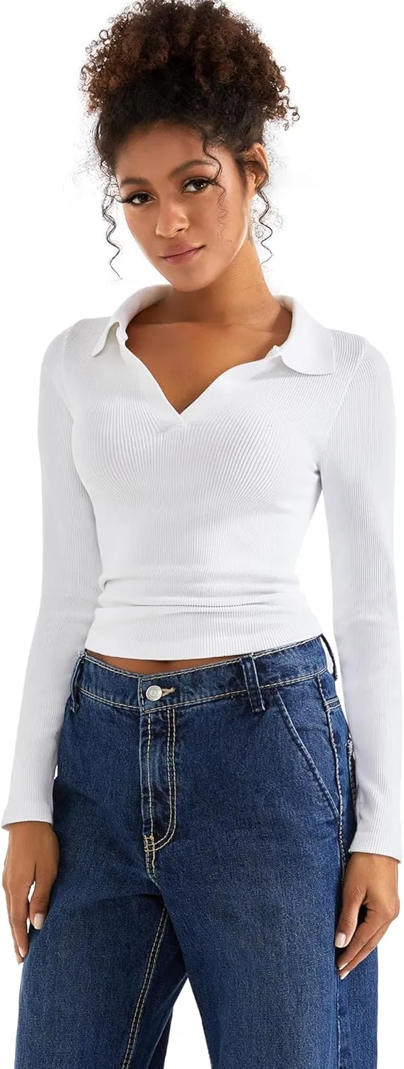 SUUKSESS Women Long Sleeve Ribbed V Neck Polo Shirts Collared Business Casual Slim Fitted Tops for Office Work
